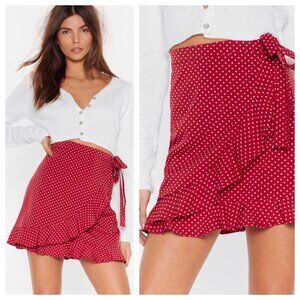 Nasty Gal Dot Your Back Red Polka Dot Ruffle Frill Wrap High Waist Mini Skirt